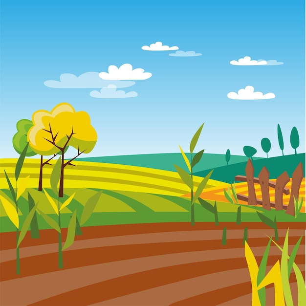 Cultivated agriculture field rural landscape vector Illustration web design