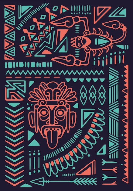 Cultural Aztec figures African tribal elements abstract animal symbols on ancient poster Ethnic pattern geometric ornament Traditional Mexican wall art interior decor Flat vector illustration