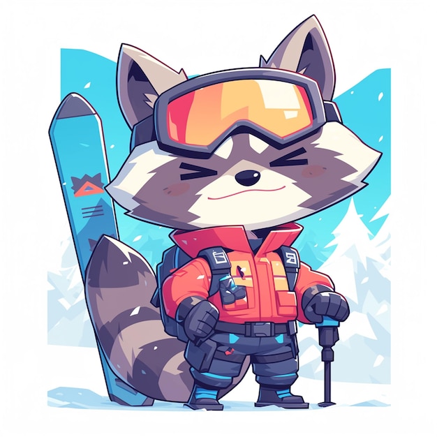 A cunning raccoon ski instructor cartoon style