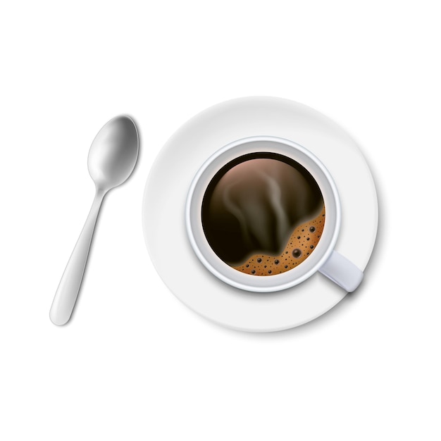 A cup of black coffee with spoon and saucer top view isolated on white background Vector illustration