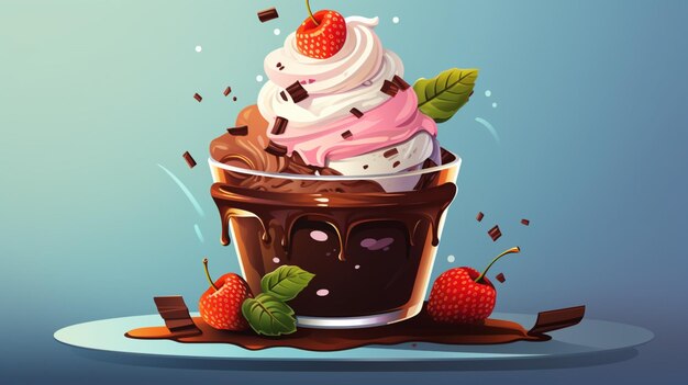 Vector a cup of chocolate ice cream with strawberries and chocolate