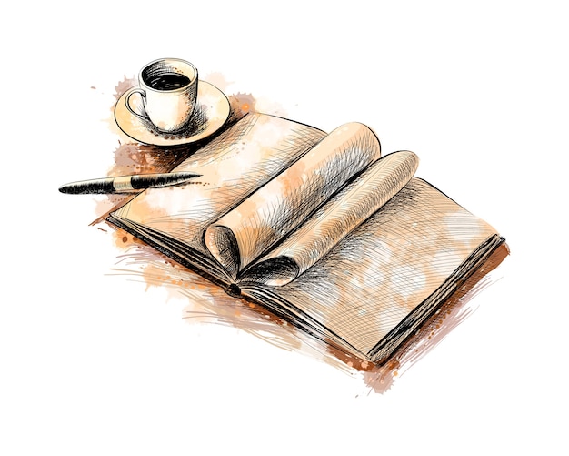 Cup of coffee and a book with a pen from a splash of watercolor, hand drawn sketch.  illustration of paints