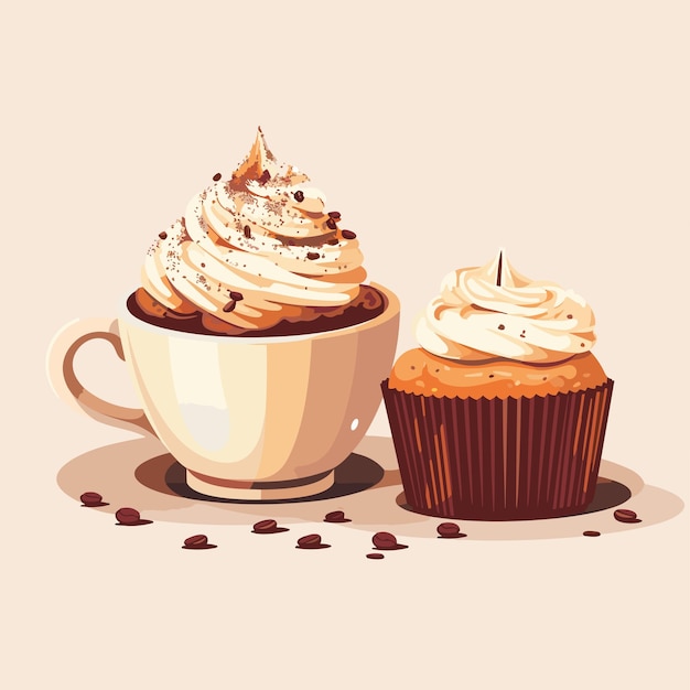 A cup of coffee and a cake in a plate vector illustration Dessert coffee cake