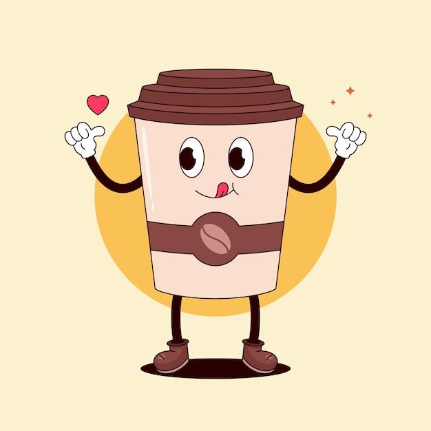 Cup coffee cartoon trendy retro hippie style