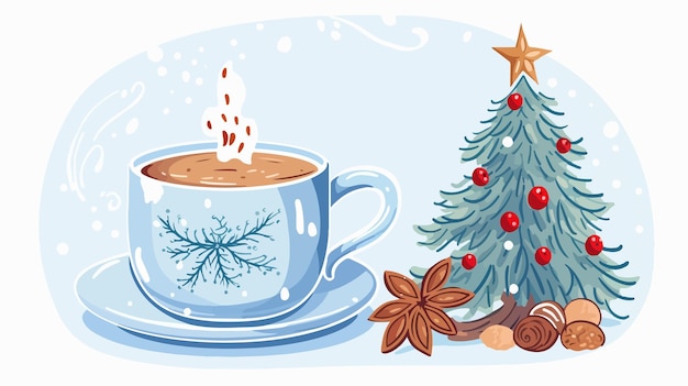 Vector a cup of coffee next to a christmas tree and a cup of coffee