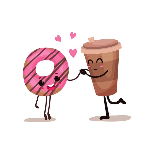 Vector cup of coffee and glazed donut characters are best friends, funny fast food menu vector illustration isolated on a white background