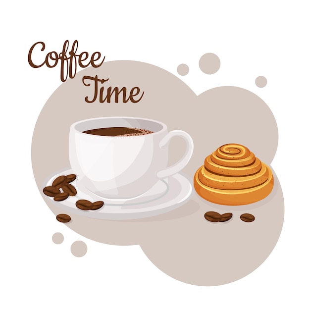 Cup of coffee and kanelbulle. Coffee time concept. Isolated hand drawn vector illustration