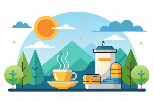 A Cup of Coffee in a Mountainous Landscape with Sun and Clouds