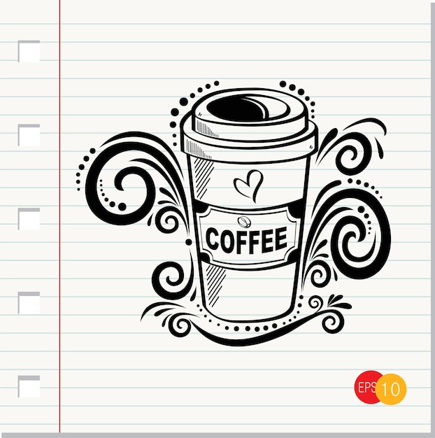 Cup of coffee on paper background.Cup coffee in doodle style