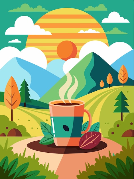 Vector a cup of coffee in a scenic mountain landscape