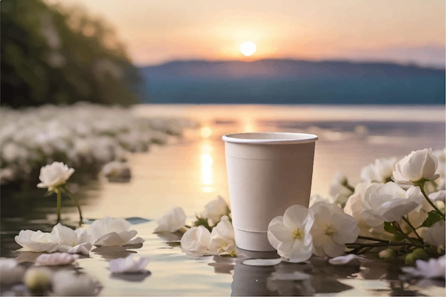 a cup of coffee sits on a lake with flowers in the foreground