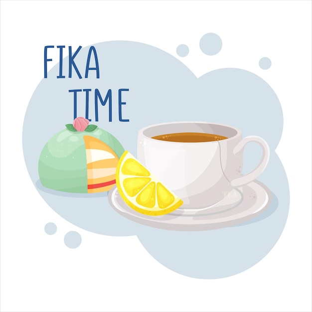 Cup of coffee or tea and Prinsesstarta green marzipan cake Coffee break fika concept