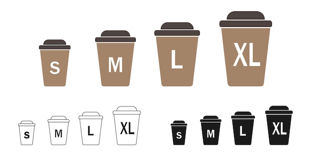 Cup coffee vector icons.  Coffee cups of different sizes XL, M, L, S.  Isolated icons set on white 