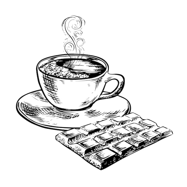 A cup of coffee with a chocolate bar The vector graphic black and white illustration