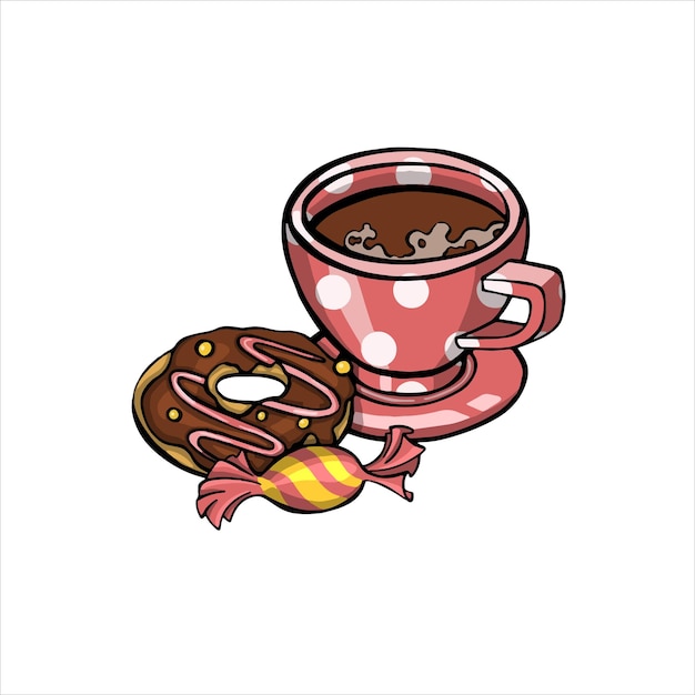 Cup of coffee with donut and candy illustration