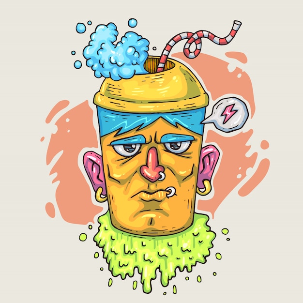 Cup for coffee with a face. Cartoon illustration in comic trendy style.