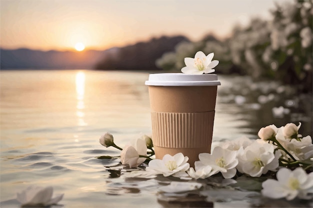 a cup of coffee with flowers and a flower in the foreground