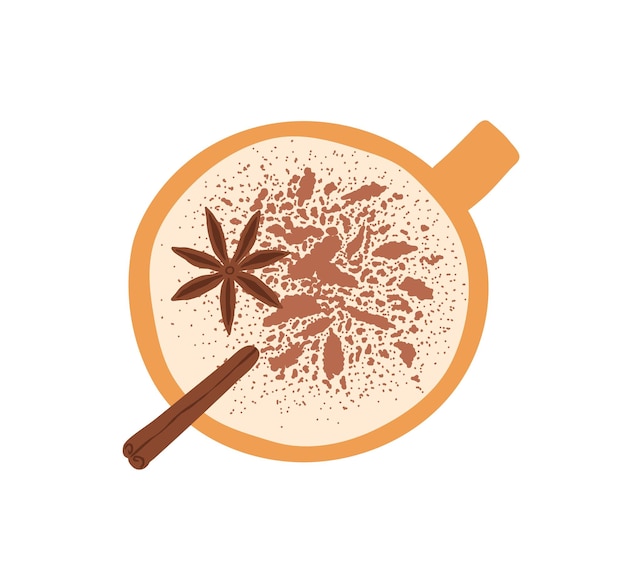 Cup of coffee with milk foam, winter spices, star anise, cinnamon stick and powder. Top view of spicy cappuccino mug. Colored flat vector illustration isolated on white background.