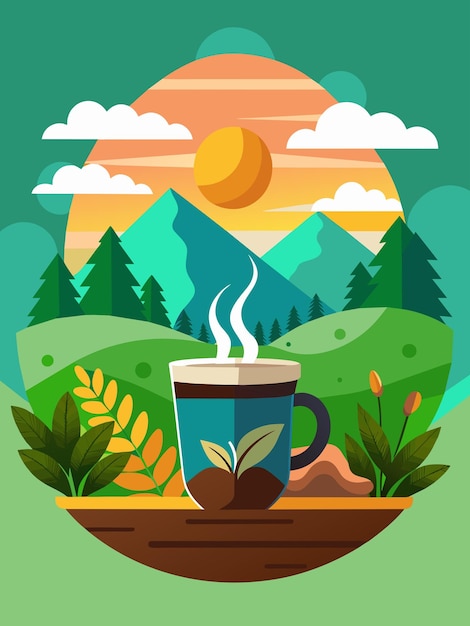 A cup of coffee with a mountain view and sunrise