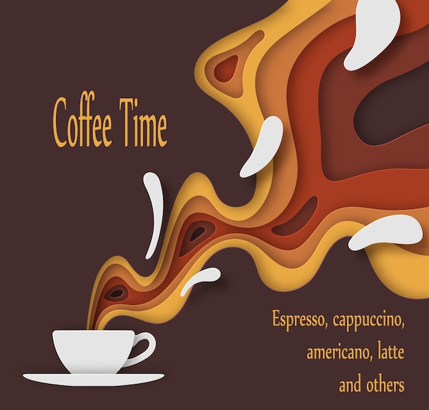 A cup of coffee with outgoing waves with a pleasant aroma, in the form of a voluminous paper image with a shadow. For advertising signs, shops, cafes, restaurants. Brown tones. Drops of milk. 10 eps