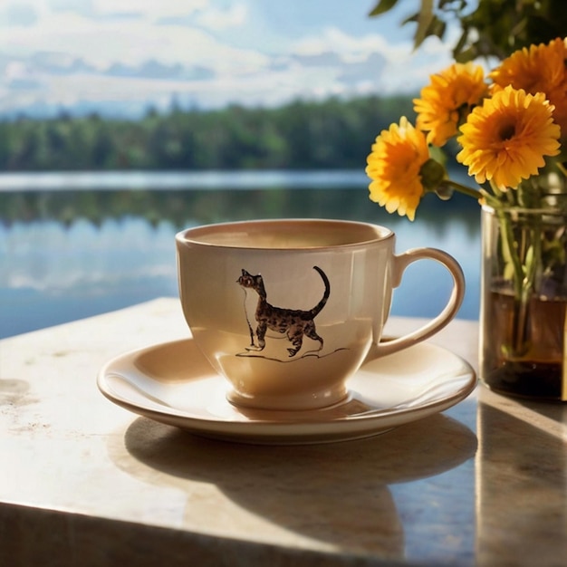 a cup of coffee with a picture of a cat on it