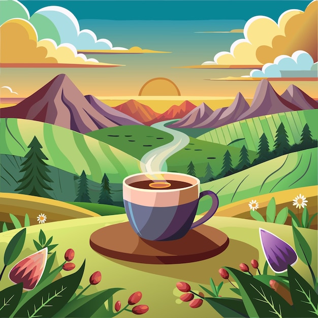 Vector a cup of coffee with a picture of a mountain landscape and mountains in the background