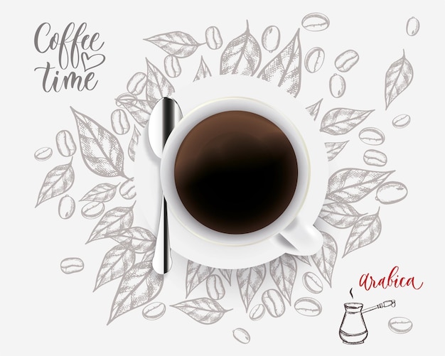 A cup of coffee with a sketch of the leaves of a coffee tree in the background Vector illustration for advertising with a handdrawn and realistic image Poster or banner for a cafe or store