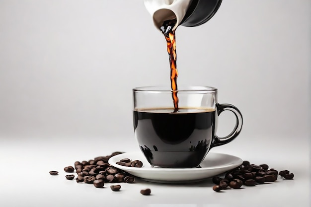 a cup of coffee with a spoon being poured into it