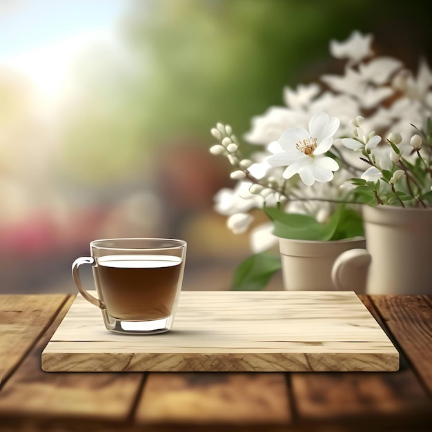 A cup of coffee on a wooden board blurred background white flowers