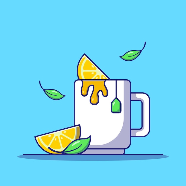 Cup of Fresh Tea with Lemon and Leaves Flat Icon Illustration