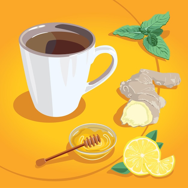 Vector cup of ginger tea with lemon honey and mint