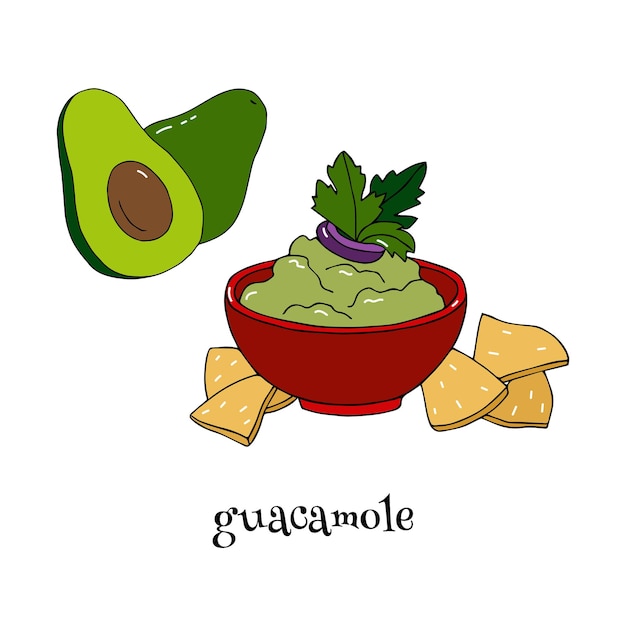 A cup of guacaole with greens, a whole avocado and half an avocado isolated on white background