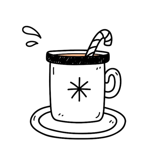 Cup of hot cocoa with candy cane isolated on white hand drawn illustration in doodle style