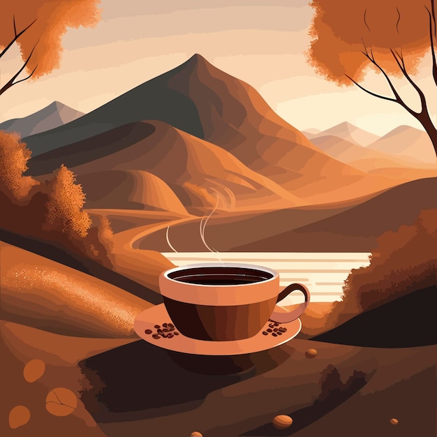 cup of hot Coffee in a landscape illustration