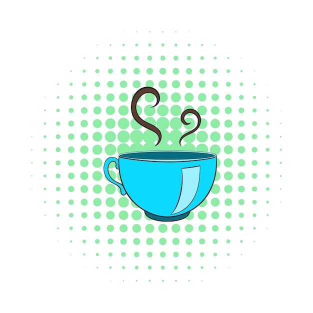 Cup of hot tea icon in comics style on dotted background Drink symbol