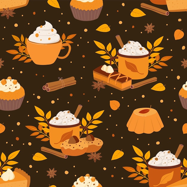 Cup of latte and cupcake flat seamless pattern Autumn hot drink and pie vector illustration