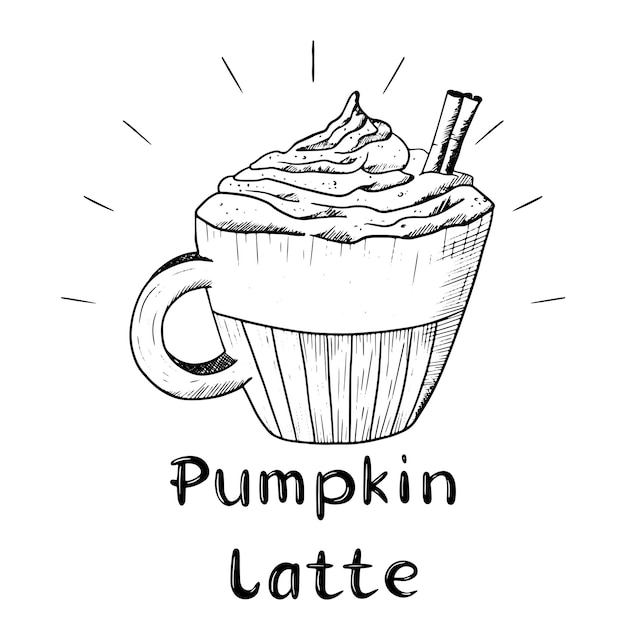 Cup of pumpkin coffee latte with cream and cinnamon stick Handwritten lettering Vector isolated sketch illustration