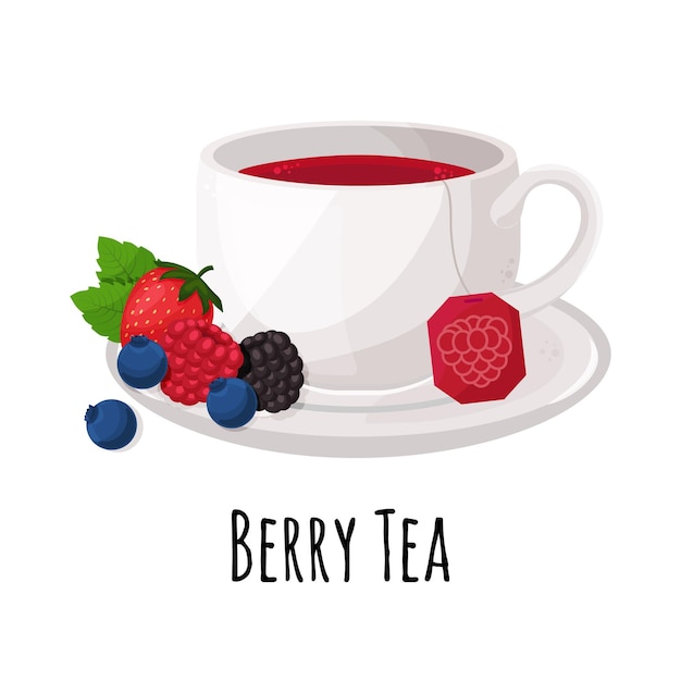 Cup of red tea on a plate with wild berries and mint leafs. Berry tea. Raspberry, strawberry