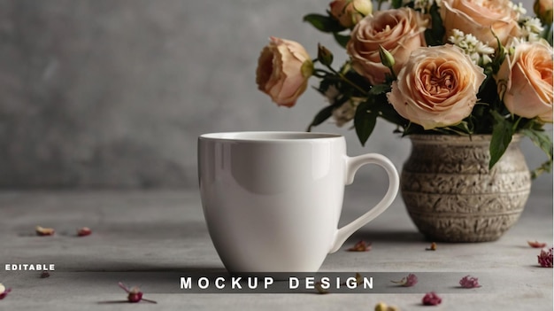 Vector a cup of scupant design is on a table with a bouquet of flowers