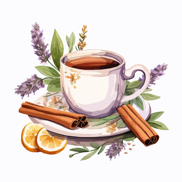 Vector a cup of tea and cinnamon sticks are on a plate with a picture of a cup of tea and cinnamon sticks