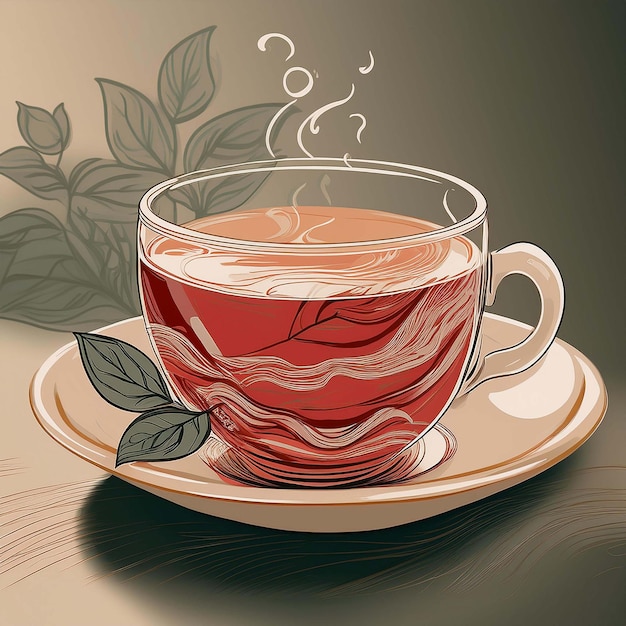 Vector a cup of tea is on a saucer with leaves and a picture of a tea cup