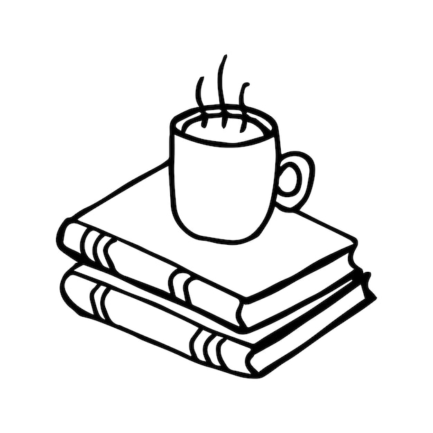 A cup of tea is on a stack of books cozy home morning mood Hand drawn vector illustration in doodle