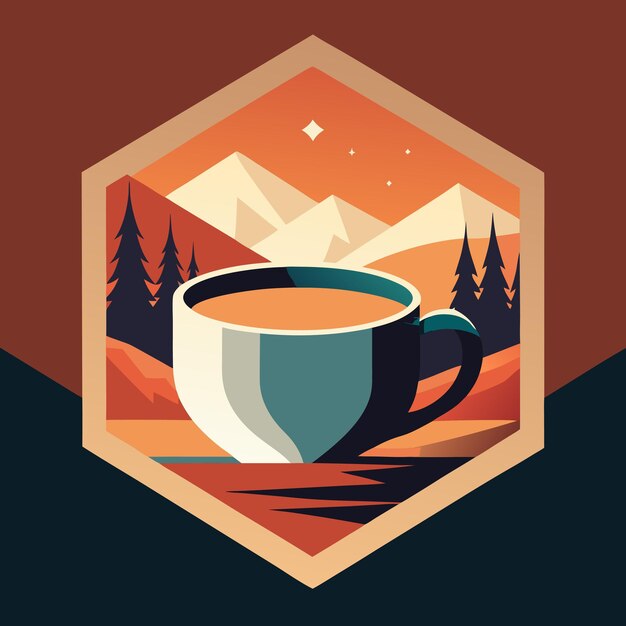 Vector a cup of tea sits in front of a mountain backdrop