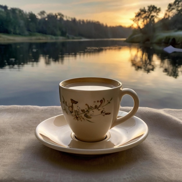 a cup of tea sits on a saucer with a lake in the background