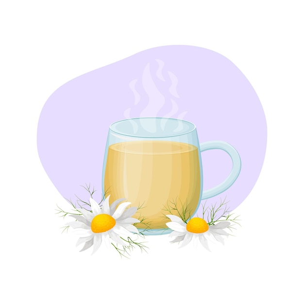 A cup of tea Transparent cup with a hot drink Medicinal decoction of chamomile Tea cup with chamomile flowers Vector illustration