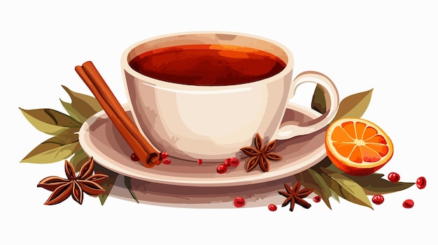 Cup of Tea with Cinnamon Red Berries and Orange Isolated