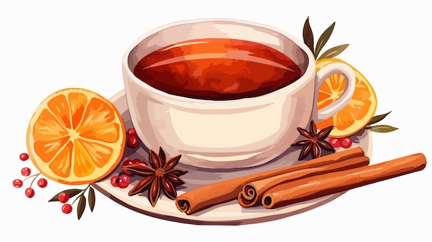 Vector cup of tea with cinnamon red berries and orange isolated