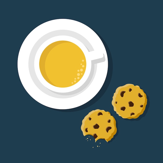 Cup of tea with homemade chocolate oatmeal chip cookies icon Hot drink with sweet biscuit