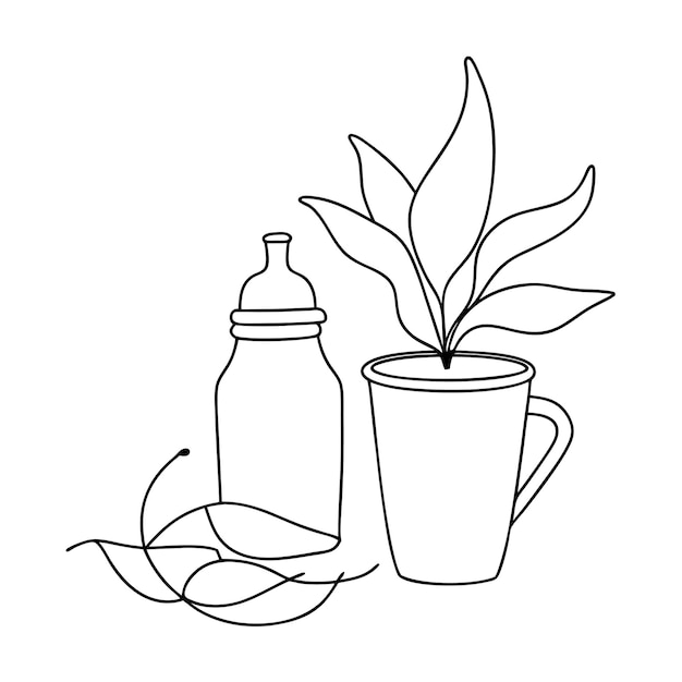 a cup with a plant and a bottle of water