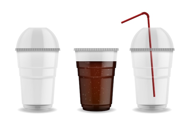 Cup with sphere dome cap Realistic plastic mug with straw 3D empty or full of carbonated drink transparent glasses Disposable tableware for cold beverages Vector takeaway utensil